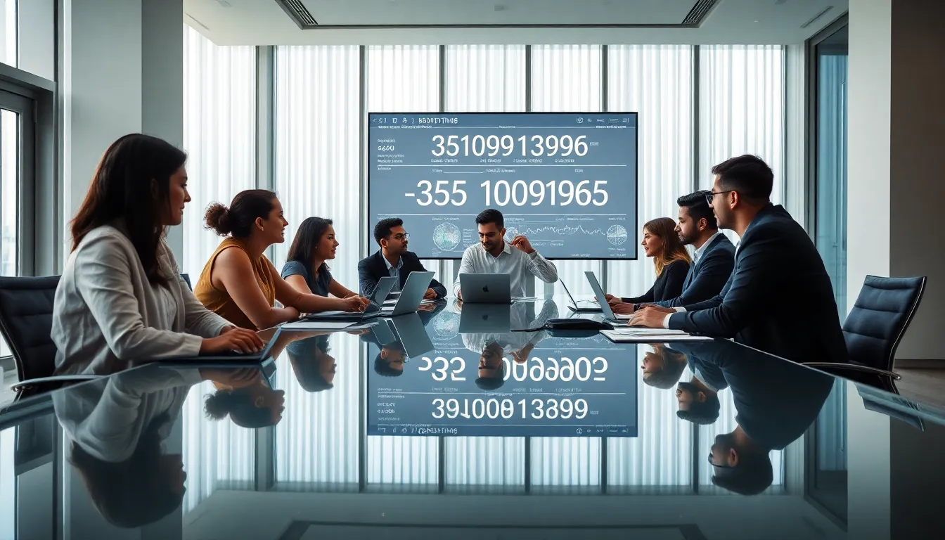 diverse professionals discussing data in a modern office.